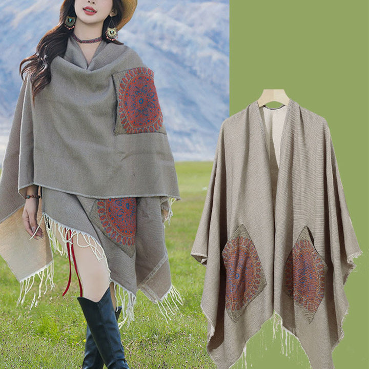 Buddha Stones, tibetische geometrische, runde Mandala-Muster, Quasten, Schal, Herbst/Winter, gemütlicher Schal, Wickeltuch mit Taschen - image 32