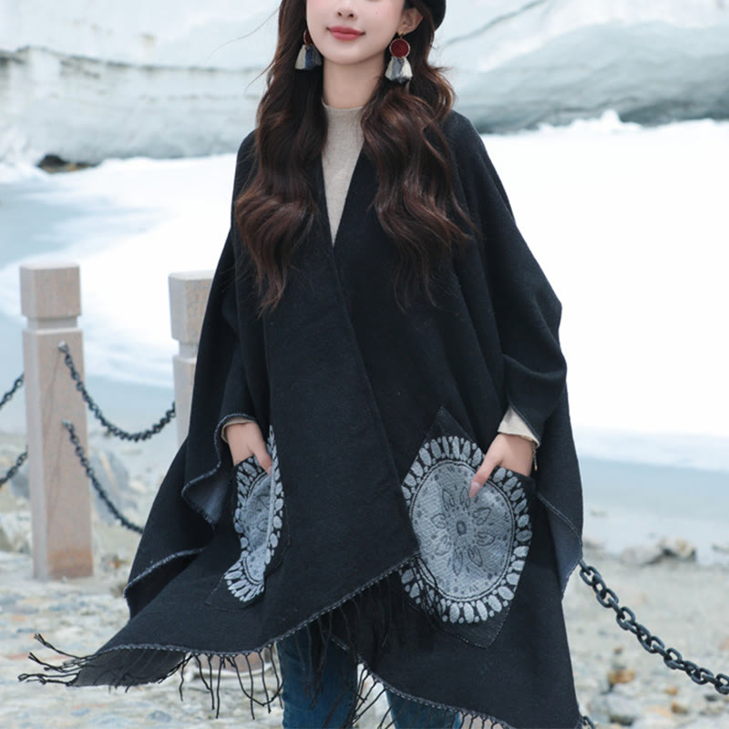 Buddha Stones, tibetische geometrische, runde Mandala-Muster, Quasten, Schal, Herbst/Winter, gemütlicher Schal, Wickeltuch mit Taschen - image 9