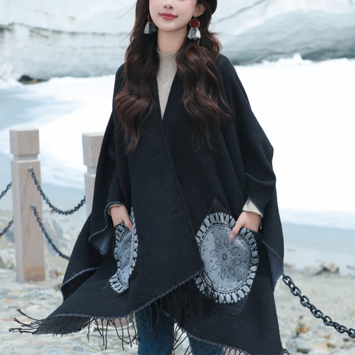 Buddha Stones, tibetische geometrische, runde Mandala-Muster, Quasten, Schal, Herbst/Winter, gemütlicher Schal, Wickeltuch mit Taschen - image 9