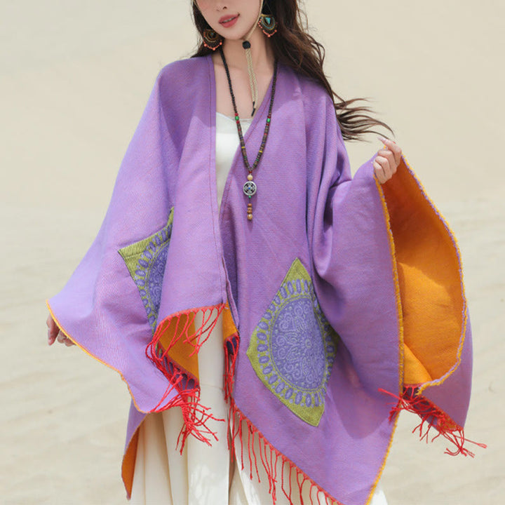 Buddha Stones, tibetische geometrische, runde Mandala-Muster, Quasten, Schal, Herbst/Winter, gemütlicher Schal, Wickeltuch mit Taschen - image 42