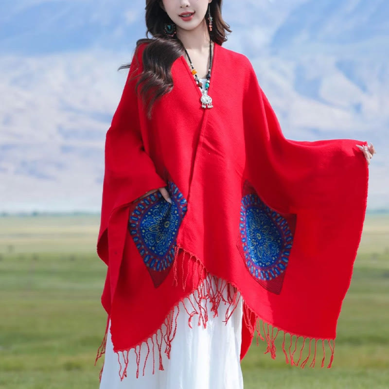 Buddha Stones, tibetische geometrische, runde Mandala-Muster, Quasten, Schal, Herbst/Winter, gemütlicher Schal, Wickeltuch mit Taschen - image 1