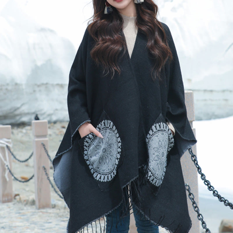 Buddha Stones, tibetische geometrische, runde Mandala-Muster, Quasten, Schal, Herbst/Winter, gemütlicher Schal, Wickeltuch mit Taschen - Schwarz - 140 x 155 cm - image 6