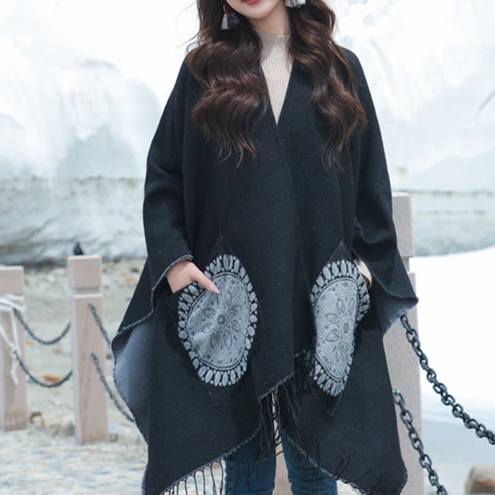 Buddha Stones, tibetische geometrische, runde Mandala-Muster, Quasten, Schal, Herbst/Winter, gemütlicher Schal, Wickeltuch mit Taschen - Schwarz - 140 x 155 cm - image 6