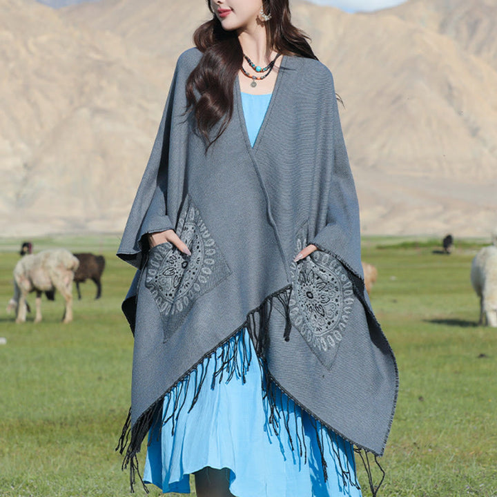 Buddha Stones, tibetische geometrische, runde Mandala-Muster, Quasten, Schal, Herbst/Winter, gemütlicher Schal, Wickeltuch mit Taschen - Grau - 140 x 155 cm - image 14