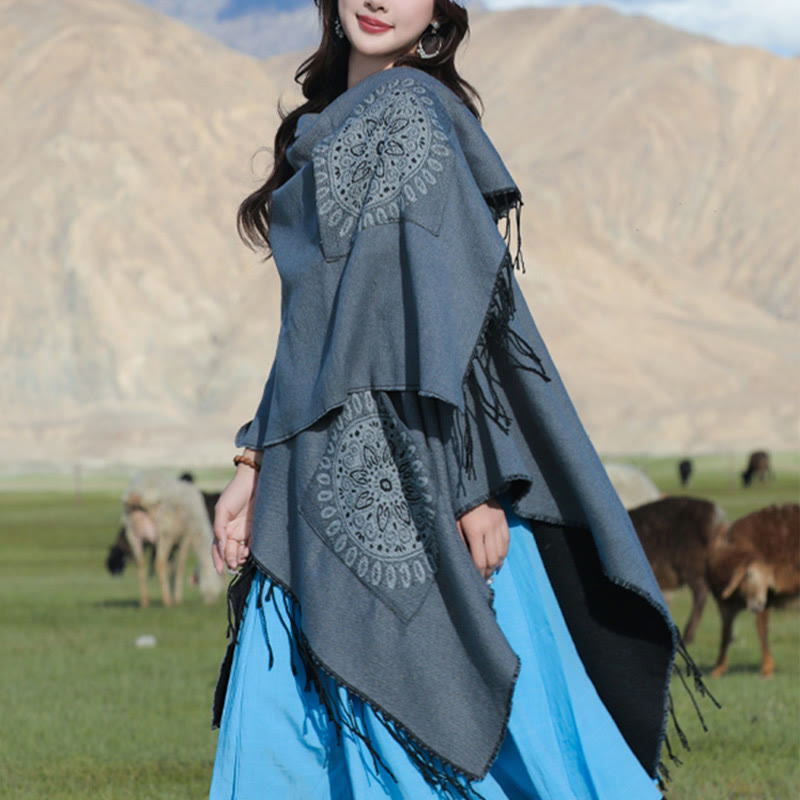 Buddha Stones, tibetische geometrische, runde Mandala-Muster, Quasten, Schal, Herbst/Winter, gemütlicher Schal, Wickeltuch mit Taschen - image 17