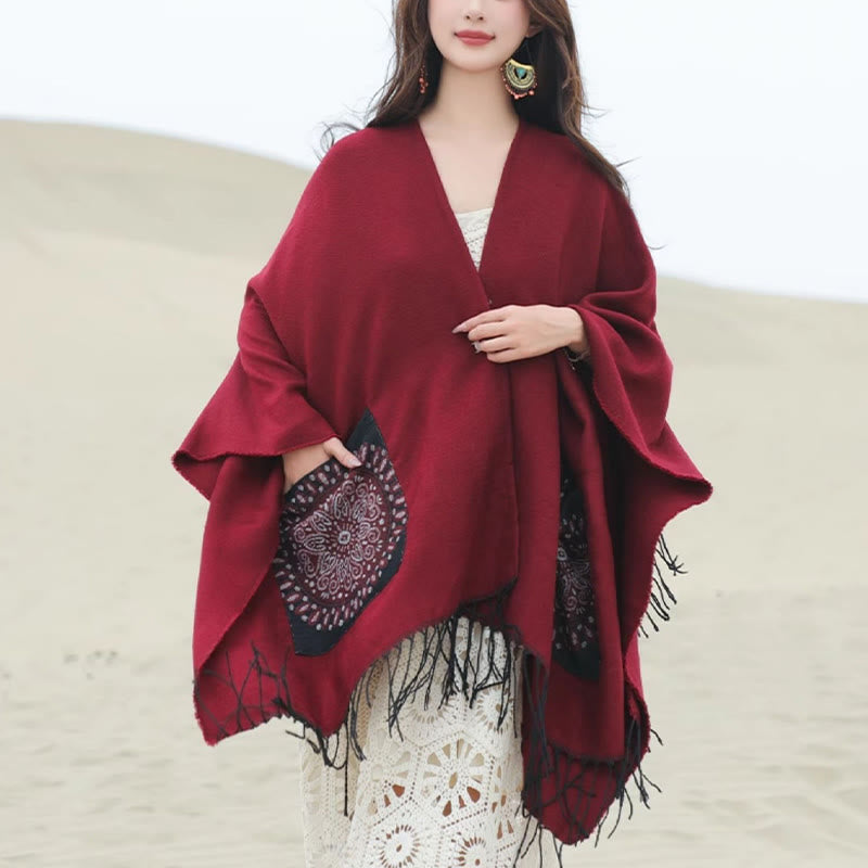 Buddha Stones, tibetische geometrische, runde Mandala-Muster, Quasten, Schal, Herbst/Winter, gemütlicher Schal, Wickeltuch mit Taschen - Feuerfestziegel - 140 x 155 cm - image 22