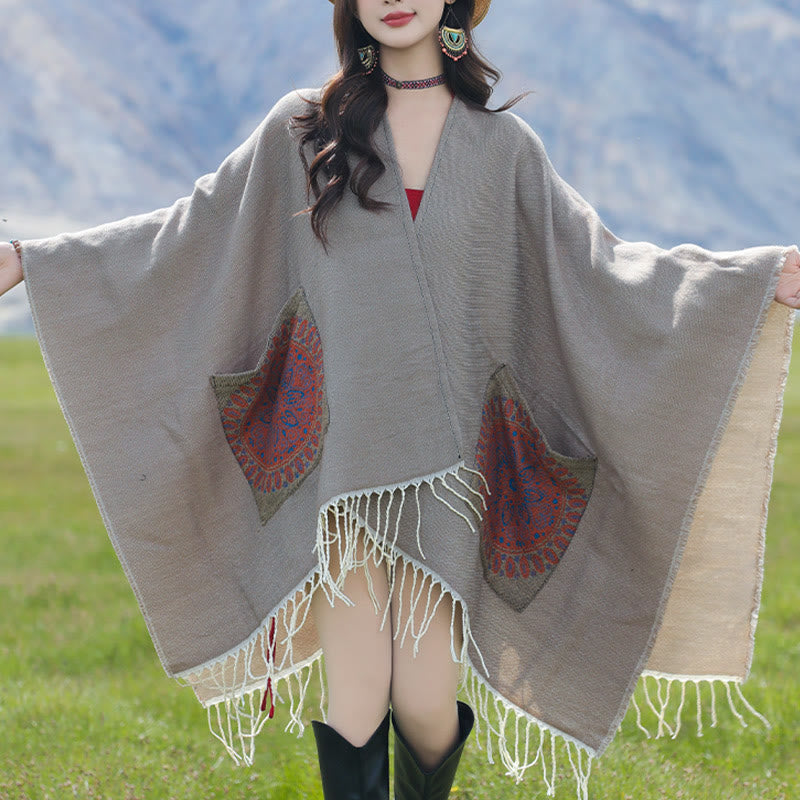 Buddha Stones, tibetische geometrische, runde Mandala-Muster, Quasten, Schal, Herbst/Winter, gemütlicher Schal, Wickeltuch mit Taschen - image 29