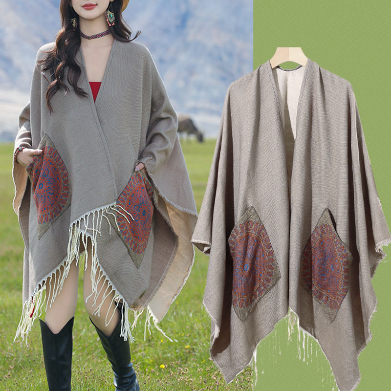 Buddha Stones, tibetische geometrische, runde Mandala-Muster, Quasten, Schal, Herbst/Winter, gemütlicher Schal, Wickeltuch mit Taschen - image 31