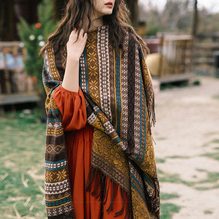 Buddha Stones, tibetischer geometrischer horizontaler Streifen, Blumenblatt-Quasten, Schal, Herbst-Winter, gemütlicher Schal, Wickeltuch - image 11