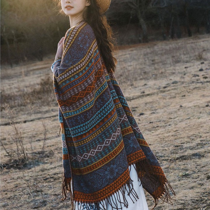 Buddha Stones, tibetischer geometrischer horizontaler Streifen, Blumenblatt-Quasten, Schal, Herbst-Winter, gemütlicher Schal, Wickeltuch - image 4