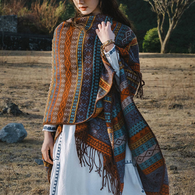 Buddha Stones, tibetischer geometrischer horizontaler Streifen, Blumenblatt-Quasten, Schal, Herbst-Winter, gemütlicher Schal, Wickeltuch - image 1