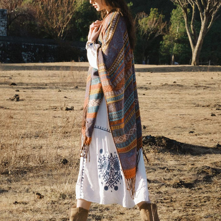 Buddha Stones, tibetischer geometrischer horizontaler Streifen, Blumenblatt-Quasten, Schal, Herbst-Winter, gemütlicher Schal, Wickeltuch - image 7