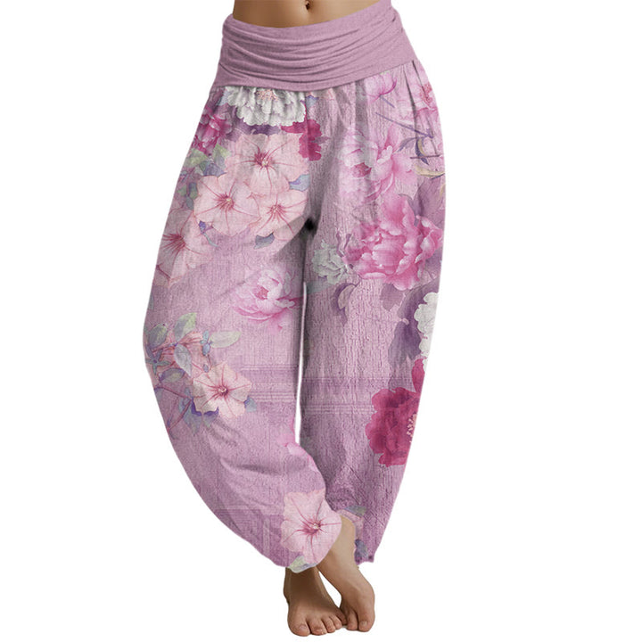 Buddha Stones Lässige Haremshose mit Pfingstrose und Blumenmuster für Damen, elastische Taille