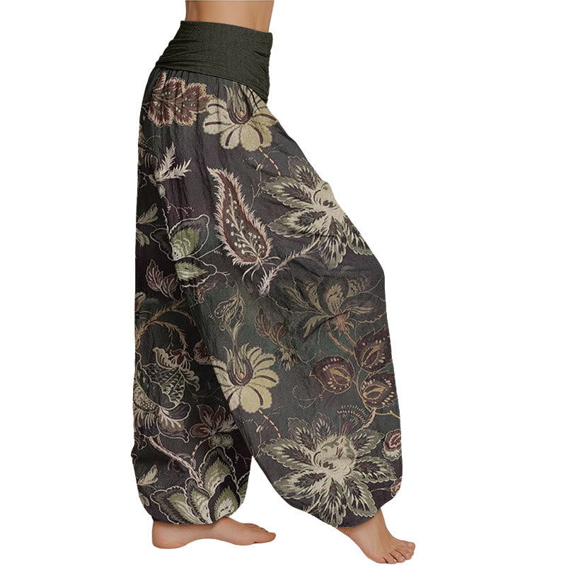 Buddha Stones Lässige Haremshose für Damen mit elastischer Taille und Blumenmuster