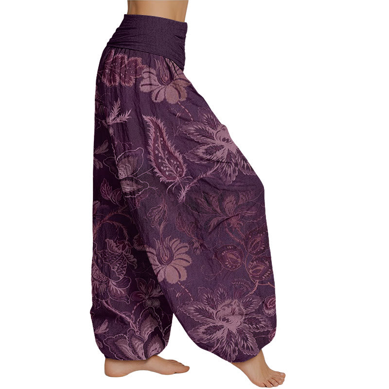 Buddha Stones Lässige Haremshose für Damen mit elastischer Taille und Blumenmuster