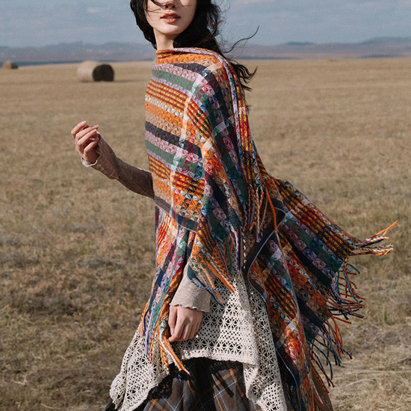 Buddha Stones, tibetischer, bunter Schal mit geometrischen Streifen und Quasten, für Herbst und Winter, weicher Schal - image 2