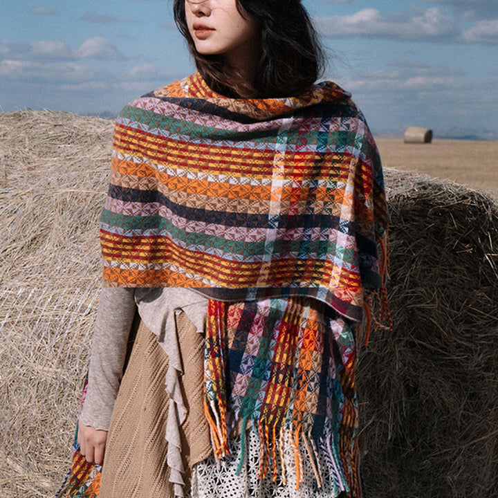 Buddha Stones, tibetischer, bunter Schal mit geometrischen Streifen und Quasten, für Herbst und Winter, weicher Schal - image 10