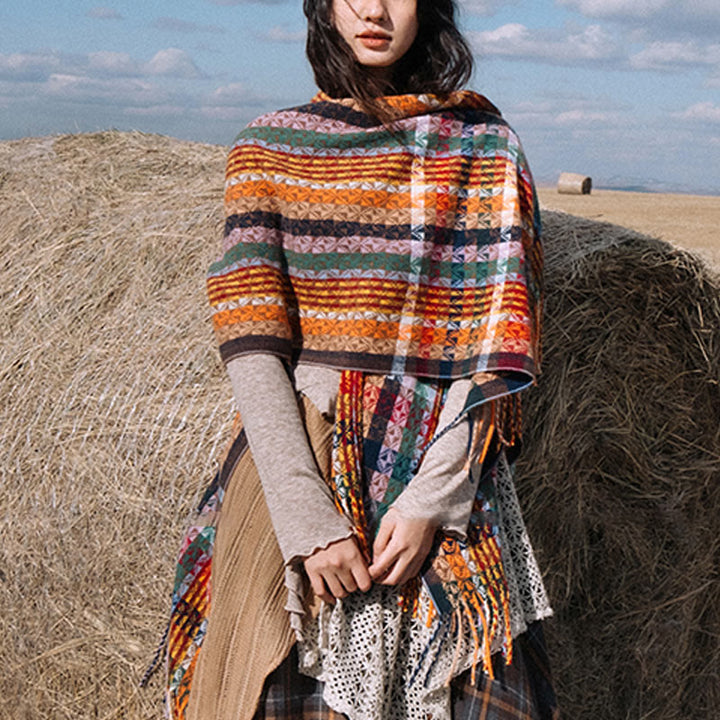 Buddha Stones, tibetischer, bunter Schal mit geometrischen Streifen und Quasten, für Herbst und Winter, weicher Schal - image 6