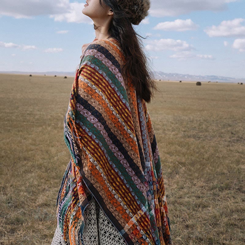 Buddha Stones, tibetischer, bunter Schal mit geometrischen Streifen und Quasten, für Herbst und Winter, weicher Schal - image 4