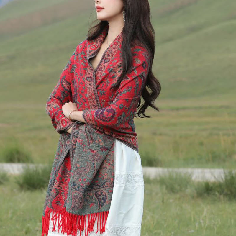 Buddha Stones, tibetische Cashew-Blüten, Blätter, Ranken, Quasten, Schal, Herbst/Winter, weicher, gemütlicher Schal, Wickeltuch - image 4