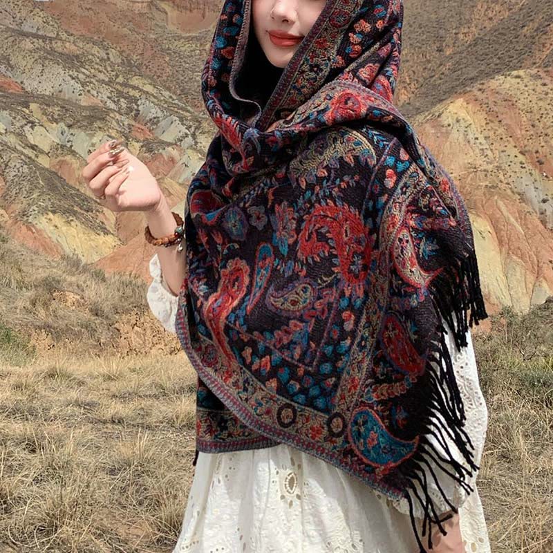 Buddha Stones, tibetische Cashew-Blüten, Blätter, Ranken, Quasten, Schal, Herbst/Winter, weicher, gemütlicher Schal, Wickeltuch - Braun 70 x 180 cm - image 27