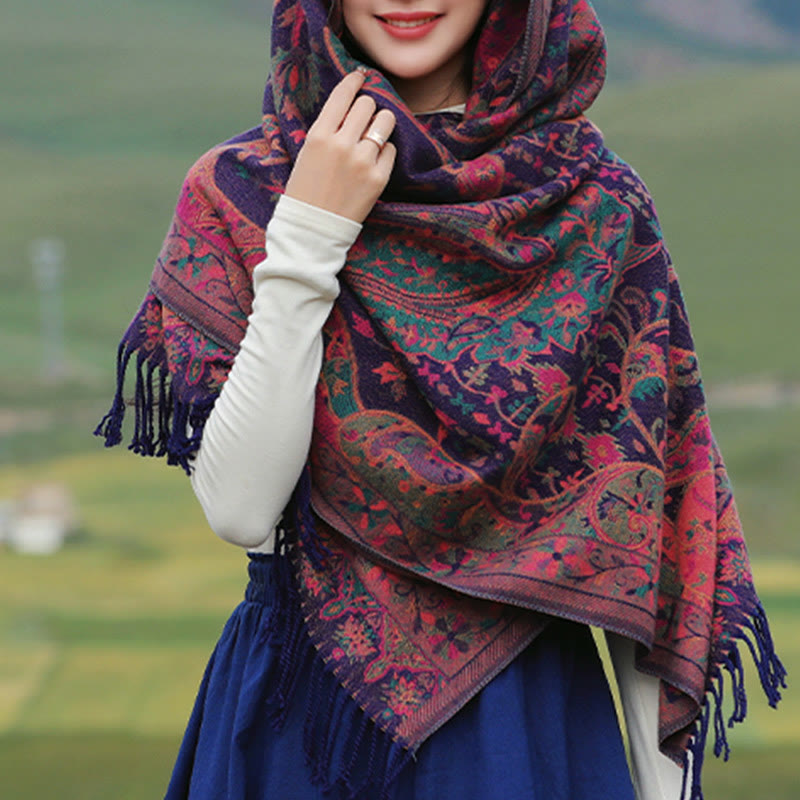 Buddha Stones, tibetische Cashew-Blumen, Rankenmuster, Quasten, Schal, Herbst/Winter, weicher Schal, Wickeltuch - image 1