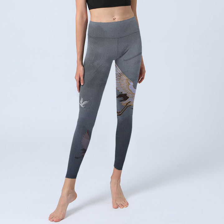 Buddha Stones, glückverheißende weiße Kranich-Kiefern-Druck-Gymnastik-Leggings für Damen, Yoga-Hose