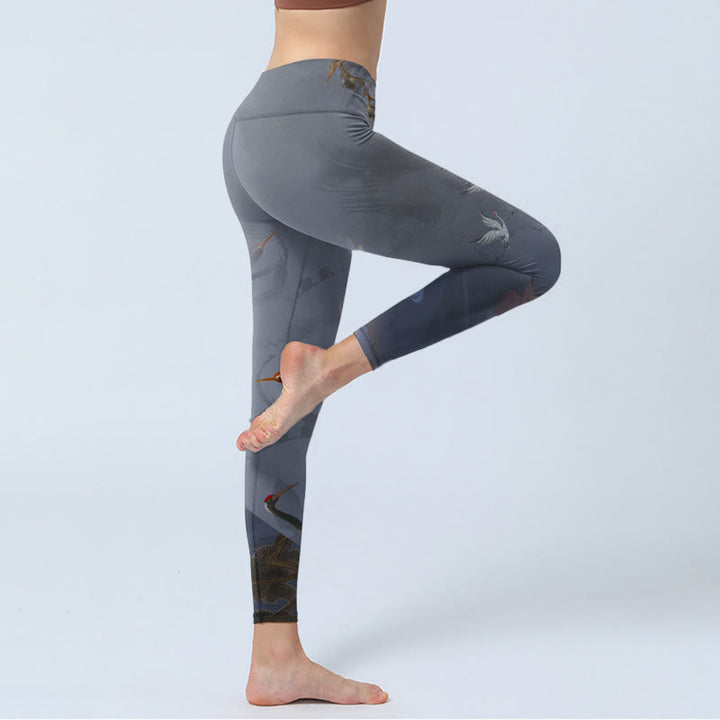 Buddha Stones, glückverheißende weiße Kranich-Kiefern-Druck-Gymnastik-Leggings für Damen, Yoga-Hose