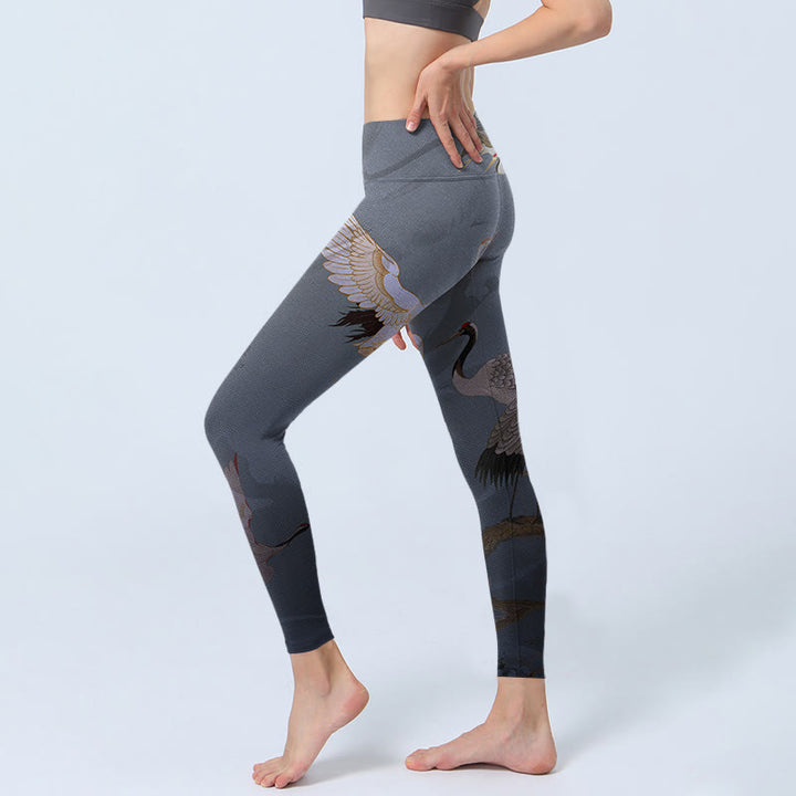 Buddha Stones, glückverheißende weiße Kranich-Kiefern-Druck-Gymnastik-Leggings für Damen, Yoga-Hose