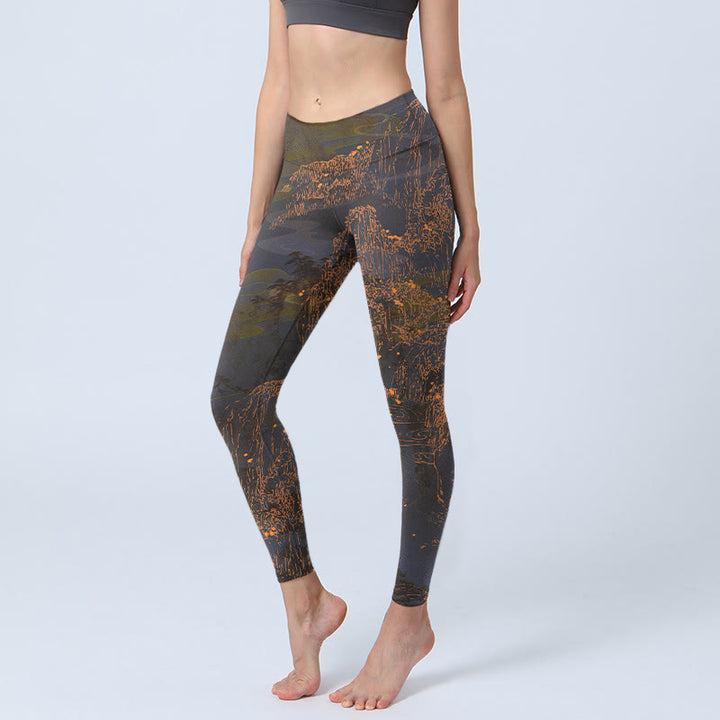 Buddha Stones ​​Goldene Berge Wolken Druck Gym Leggings frauen Yoga Hosen - Sattelbraun - US18, UK/AU22, EU50 (4XL) - image 0