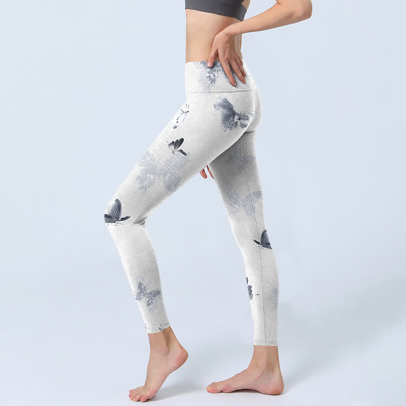 Buddha Stones Weiß Grau Schmetterling Print Sport Leggings Damen Yoga Hose