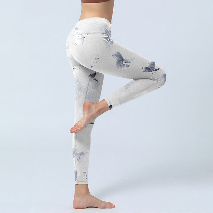 Buddha Stones Weiß Grau Schmetterling Print Sport Leggings Damen Yoga Hose