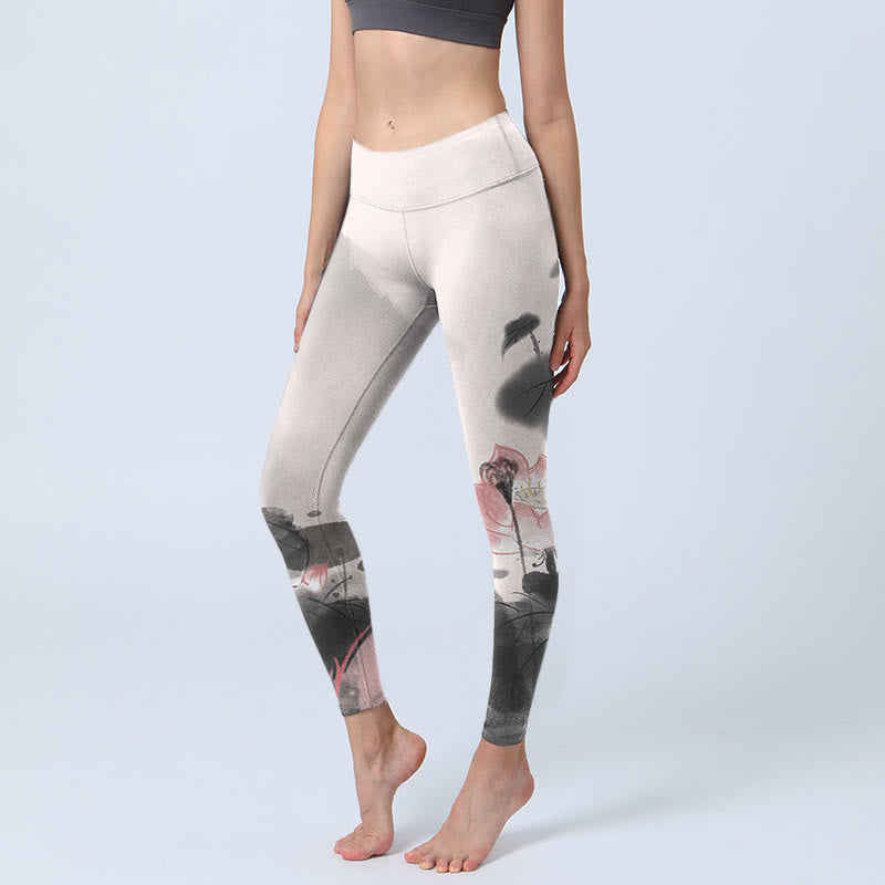 Buddha Stones, Tuschmalerei, Lotusblütenblatt-Druck, Fitnessstudio, Fitness-Leggings, Damen-Yogahose - Weißer Rauch - US18， UK/AU22，EU50 (4XL) - image 1
