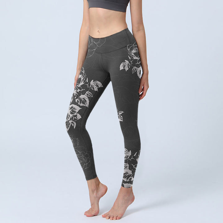 Buddha Stones Graue Pfingstrose Rose Blumen Skizzendruck Gym Fitness Leggings Damen Yogahose