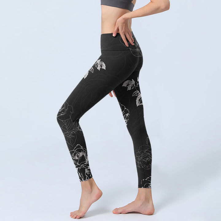 Buddha Stones Graue Pfingstrose Rose Blumen Skizzendruck Gym Fitness Leggings Damen Yogahose