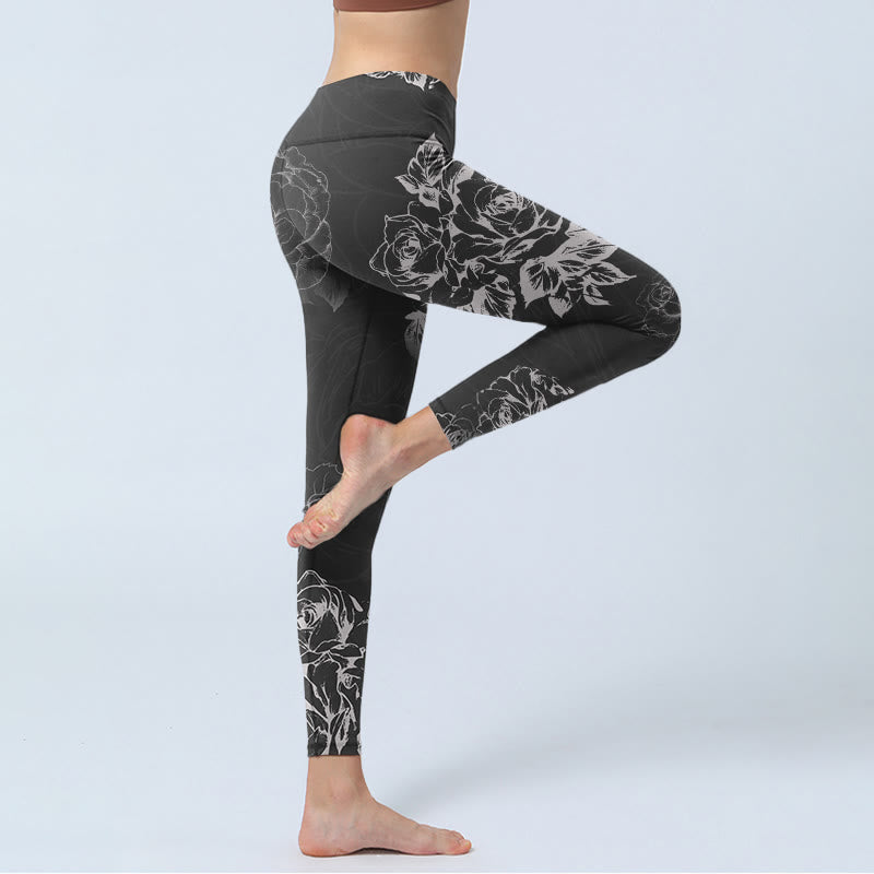 Buddha Stones Graue Pfingstrose Rose Blumen Skizzendruck Gym Fitness Leggings Damen Yogahose