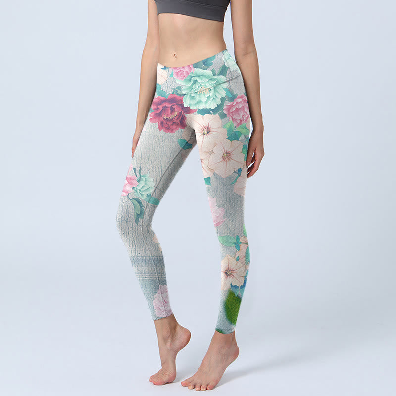 Buddha Stones Bunte Pfingstrosen Blumen Druck Gym Fitness Leggings Frauen Yoga Hosen - Weißer Rauch - US18， UK/AU22，EU50 (4XL) - image 1