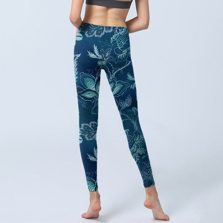 Buddha Stones Blau Blumen Druck Sport Fitness Leggings Damen Yoga Hose