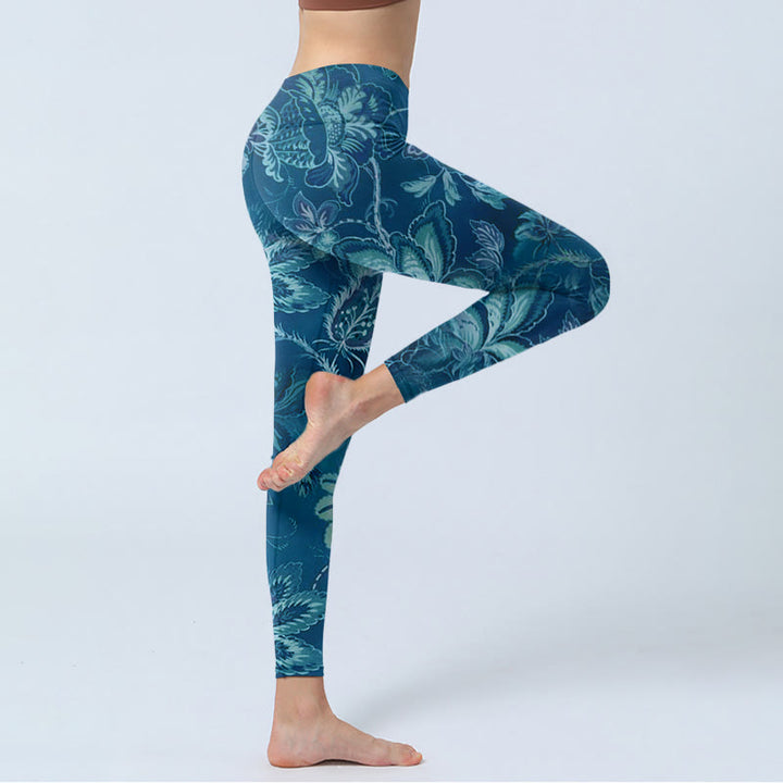 Buddha Stones Blau Blumen Druck Sport Fitness Leggings Damen Yoga Hose