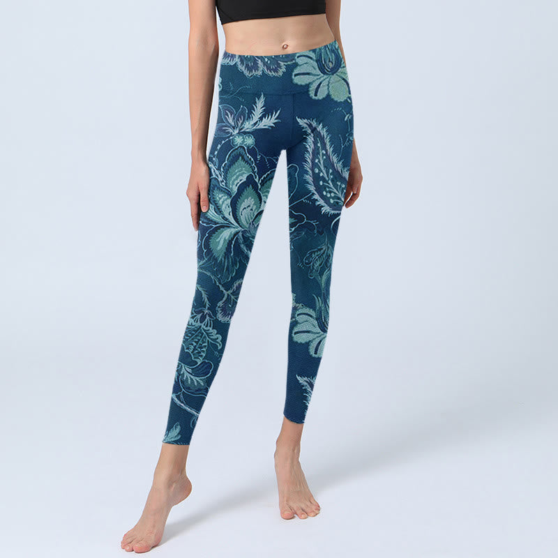 Buddha Stones Blau Blumen Druck Sport Fitness Leggings Damen Yoga Hose