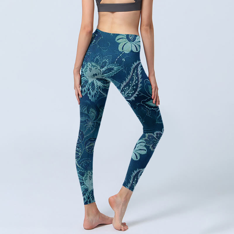 Buddha Stones Blau Blumen Druck Sport Fitness Leggings Damen Yoga Hose