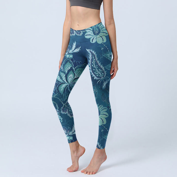 Buddha Stones Blau Blumen Druck Sport Fitness Leggings Damen Yoga Hose