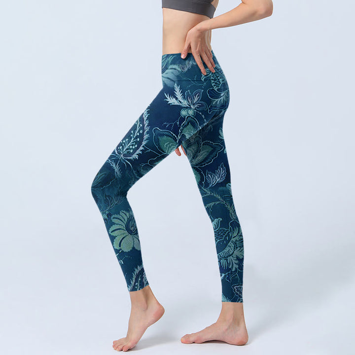 Buddha Stones Blau Blumen Druck Sport Fitness Leggings Damen Yoga Hose - image 3