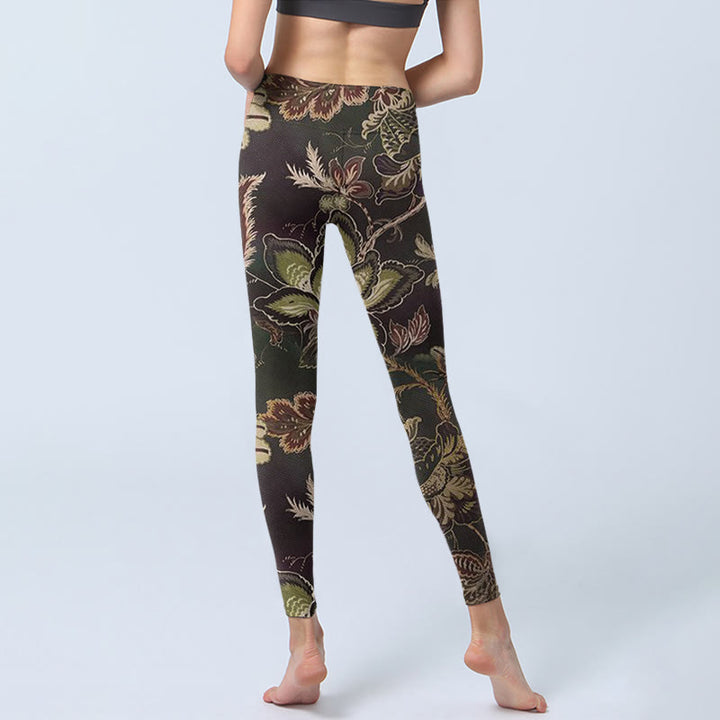 Buddha Stones Olive Blumen Druck Sport Fitness Leggings Damen Yoga Hose