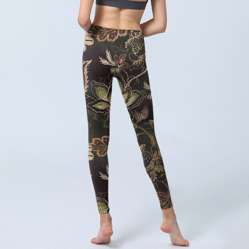 Buddha Stones Olive Blumen Druck Sport Fitness Leggings Damen Yoga Hose