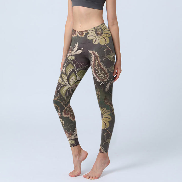 Buddha Stones Olive Blumen Druck Sport Fitness Leggings Damen Yoga Hose