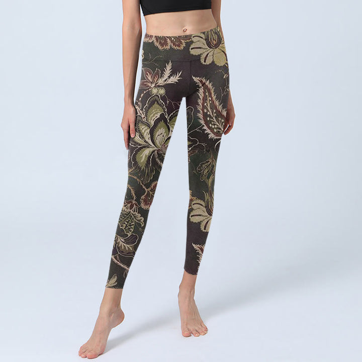 Buddha Stones Olive Blumen Druck Sport Fitness Leggings Damen Yoga Hose