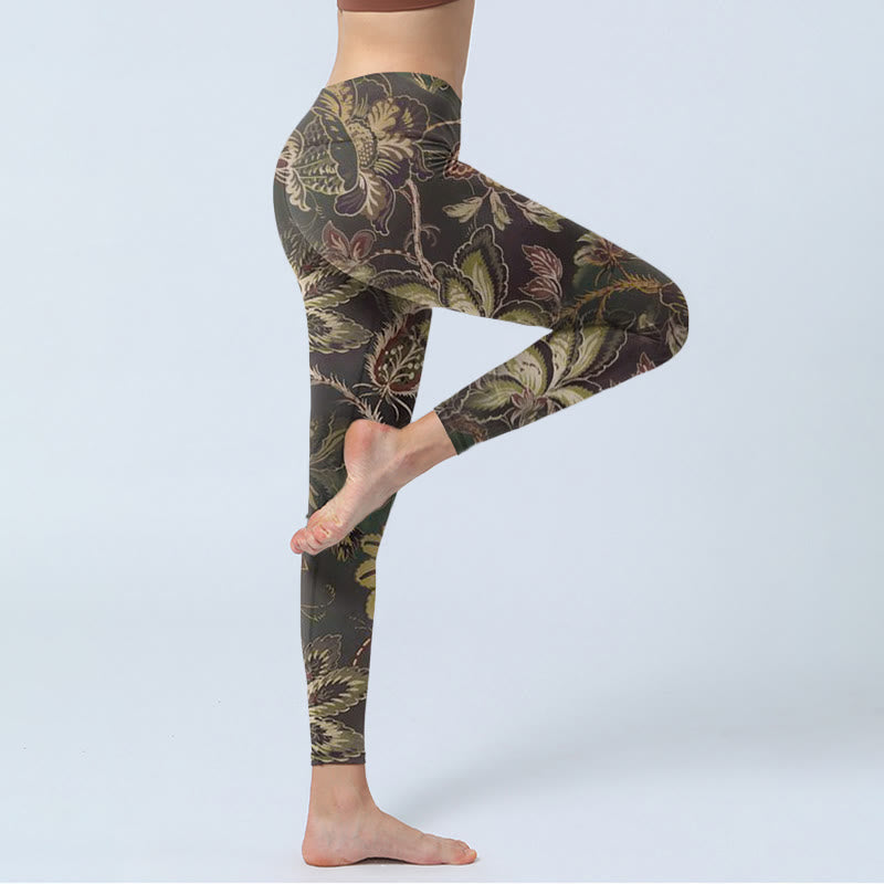 Buddha Stones Olive Blumen Druck Sport Fitness Leggings Damen Yoga Hose