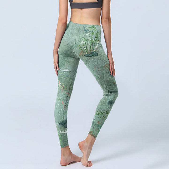 Buddha Stones, grün, Bambus-Felsen-Druck, Sport-Fitness-Leggings für Damen, Yoga-Hose