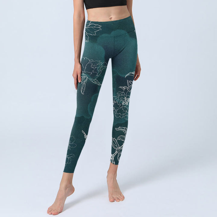 Buddha Stones Pfingstrose Blume Elster Schmetterling Print Gym Fitness Leggings Damen Yogahose